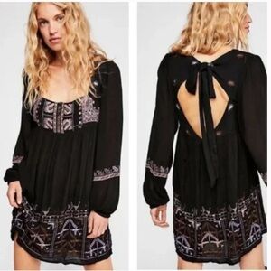 Free People Rhiannon Embroidered Babydoll Dress Black Purple Boho